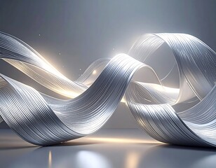 Abstract silver ribbons twist and turn, illuminated with soft gold light
