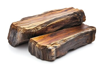 Petrified Wood Pieces Stacked, Showing Wood Grain and Textures on a White Background