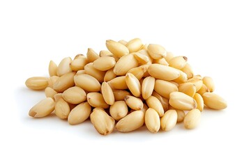 Pile of Fresh Shelled Pine Nuts on White Background, Healthy Food Ingredient