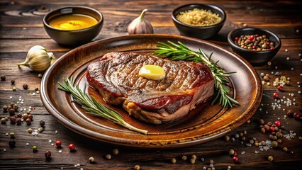 A savory pan-seared steak, adorned with a pat of melting butter, rests elegantly on a rustic wooden plate, accompanied by aromatic rosemary sprigs and a scattering of assorted spices.