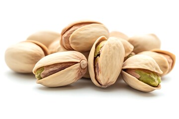 Fototapeta premium Pile of Open Pistachios Revealing Green Nuts on a White Background, Healthy Snack