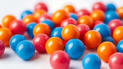 Pile of Round Candies Vibrant Orange, Blue, and Red on White Surface Macro Shot