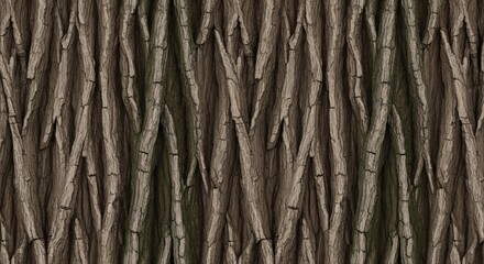Vertical textured tree bark with deep crevices Shades of brown gray and green