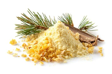 Pine Pollen Powder with Evergreen Needle and Bark Piece on White Background