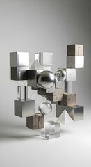 Abstract Geometric Sculpture with Metallic and Wooden Cubes and Spheres.