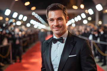 Handsome man in a tuxedo smiling on the red carpet at an event