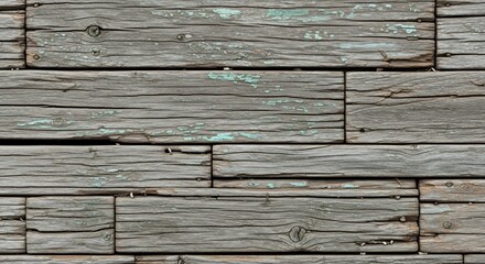 Weathered gray wooden planks arranged in a rectangular pattern Some planks show old peeling turquoise paint