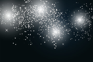 Dust white. White sparks and golden stars shine with special light. Vector sparkles on a transparent background. Christmas abstract pattern