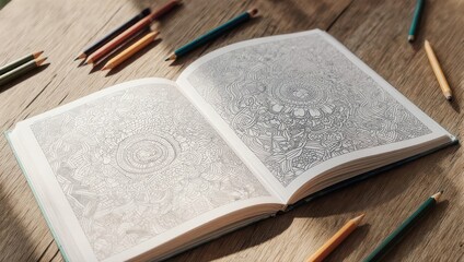 Obraz premium Open coloring book, intricate design, wooden table, colored pencils