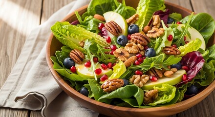 Fresh and Colorful Salad with Fruits and Nuts in Wooden Bowl.