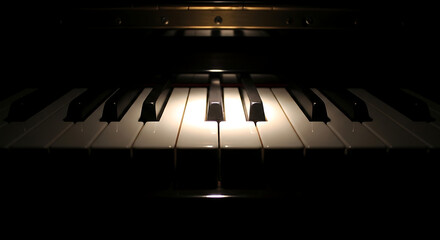 A close up view of piano keys with a bright light shining on them in a dark room setting indoors