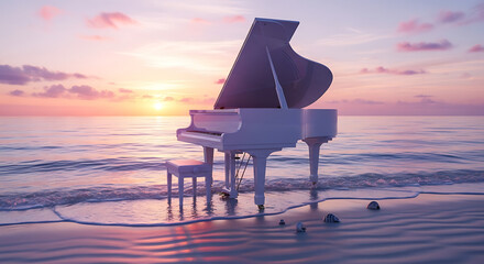 A white grand piano and stool on a beach with waves at sunset under a pastel colored sky and clouds