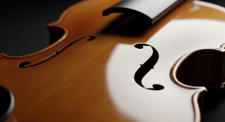 Close up view of a cello showing the f holes and the glossy wood finish on the instrument body
