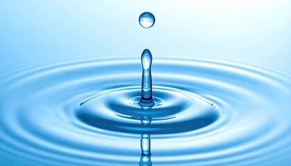 Single Water Droplet Falling Into Calm Blue Water Creating Ripples with Soft Lighting and Clean Background