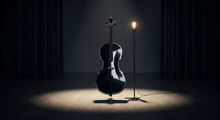 A cello illuminated by a spotlight standing next to a lamp on a stage with dark curtains behind