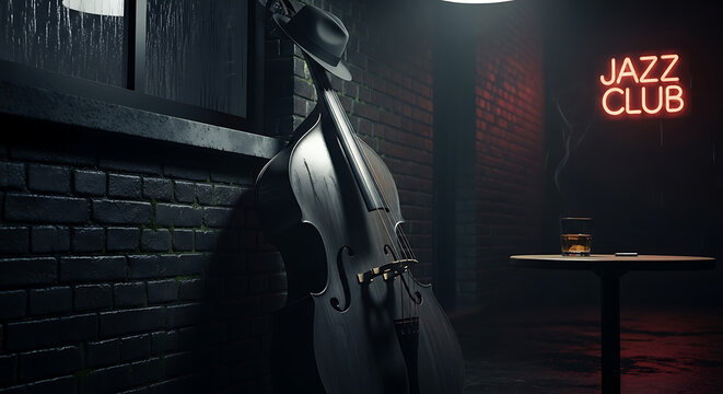 A jazz club scene featuring a bass guitar, hat, drink, and a jazz club neon sign in dark lighting
