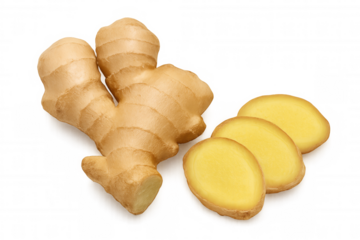 Fresh ginger root whole and sliced, zingiber officinale seasoning ingredient, cooking spice, transparent background