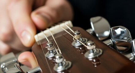 Close up of a person tuning an acoustic guitar with tuning pegs and guitar strings on headstock