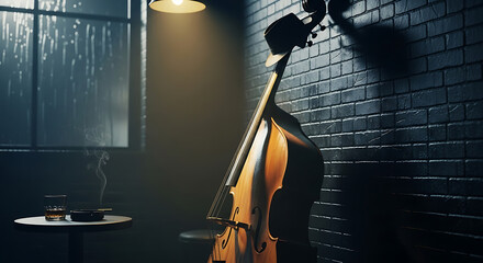 A dimly lit room with a bass leaning against a brick wall and a drink on a table by a window