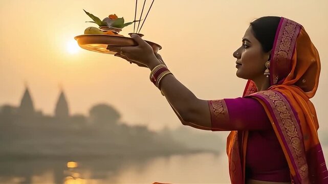 Chhath Puja Offering Woman pays homage to the Sun God