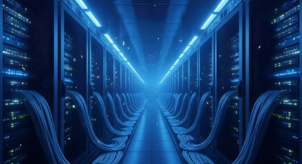 Futuristic Server Room with Glowing Blue Lights and Data Cables.