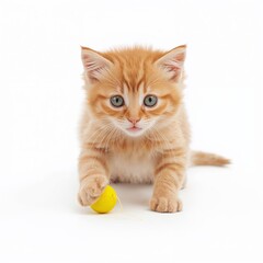 Orange tabby kitten playing with ball isolated on white background