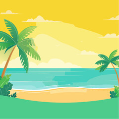Obraz premium A vibrant illustration of a tropical beach with palm trees, turquoise water, and a sunny yellow sky, evoking a sense of relaxation and vacation.