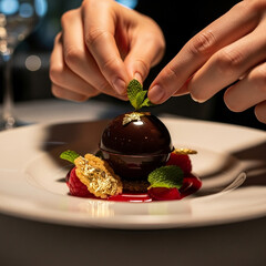 Luxurious Chocolate Dessert Preparation with Raspberry, Gold Leaf, and Mint