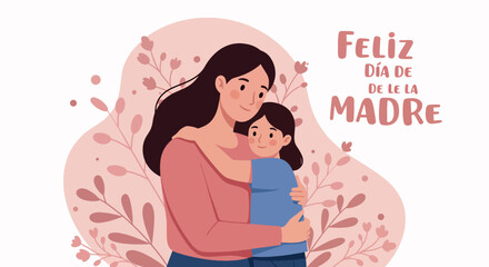 Mother and Daughter Hugging in Pink Floral Background for Mother's Day Greeting
