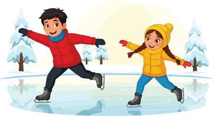 Vector illustration of happy boy and girl ice skating on frozen lake in winter, children enjoying outdoor snow activity together.