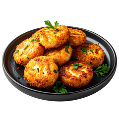 Golden codfish fritters with parsley on a black plate isolated white background