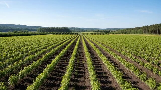 Medium shot of a wellorganized tree plantation showcasing evenly spaced young saplings in a grid pattern for optimal sunlight and growth efficiency.