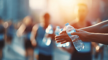 Volunteers Handing Water Bottles to Marathon Runners During Hot Day Richmond Marathon Event