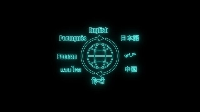 Neon globe with text in multiple languages indicating translation and communication concepts world earth
