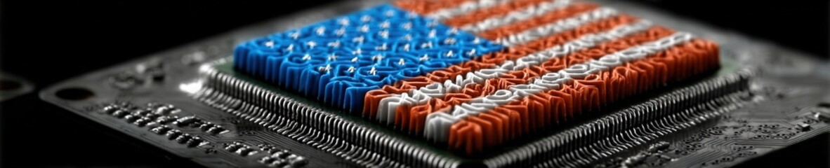 Obraz premium Macro image of a digital motherboard forming the American flag pattern with red and blue LED lights symbolizing modern US technology and innovation.