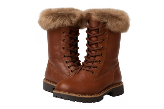 Brown leather combat boots with fur warm lining
