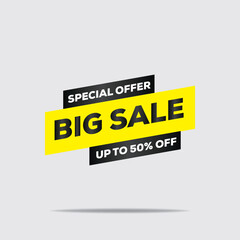 3D Big Sale Banner – 50% Off, Yellow & Black, Realistic Minimalist Design