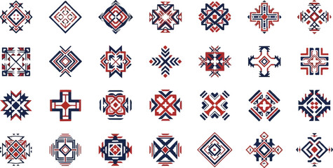 Geometric tribal emblems red blue white symbols patterns