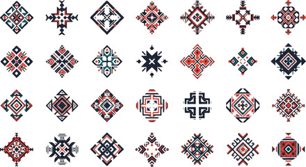 Fototapeta premium Geometric tribal emblems with red blue and black pattern