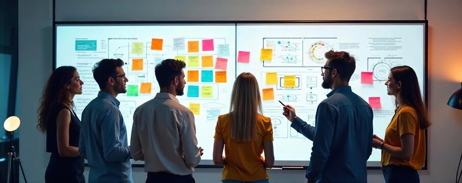 Diverse Team Brainstorming Innovative Ideas  A Dynamic Creative Business Meeting with Sticky Notes and Futuristic Tech