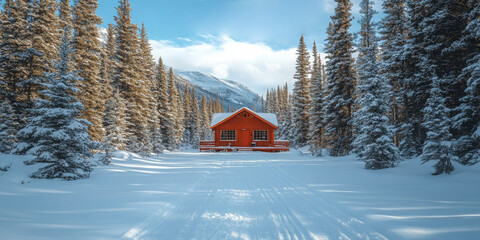 A charming red cabin nestled in a snow-covered forest, with mountains in the distance. Ideal for blogs on winter travel, cozy retreats, or outdoor adventures