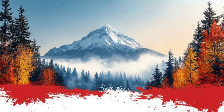 A majestic snow-capped mountain surrounded by autumn trees and a striking red foreground element. Ideal for blogs on nature, travel, or dramatic landscapes.