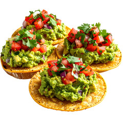 Guacamole tostadas isolated on white background