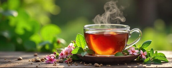 Steaming Herbal Tea with Fresh Herbs and Flowers A Relaxing and Cleansing Wellness Experience