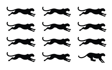 Vector art of set of panther silhouettes jumping in rows