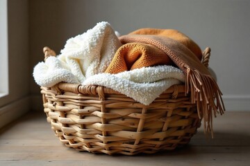 Cozy Rustic Woven Basket Overflowing with Soft Blankets, Perfect for Adding Warmth and Texture to Your Living Room or Bedroom. Ideal for Blanket Storage and Home Decor.