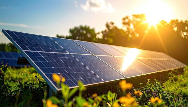 Solar Panels Reflecting Golden Sunlight in a Field of Wildflowers During a Warm Summer Evening with Lens Flare