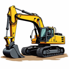 Heavy Duty Yellow Excavator Construction Vehicle Isolated White Background.