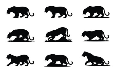 Vector art of set of black panther silhouettes in various poses