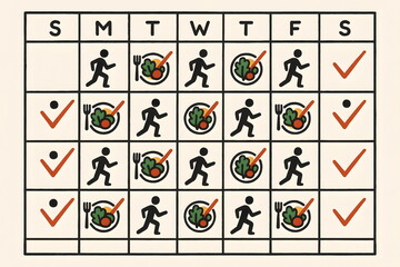 Weekly workout and diet planner chart with icons of running and healthy meals